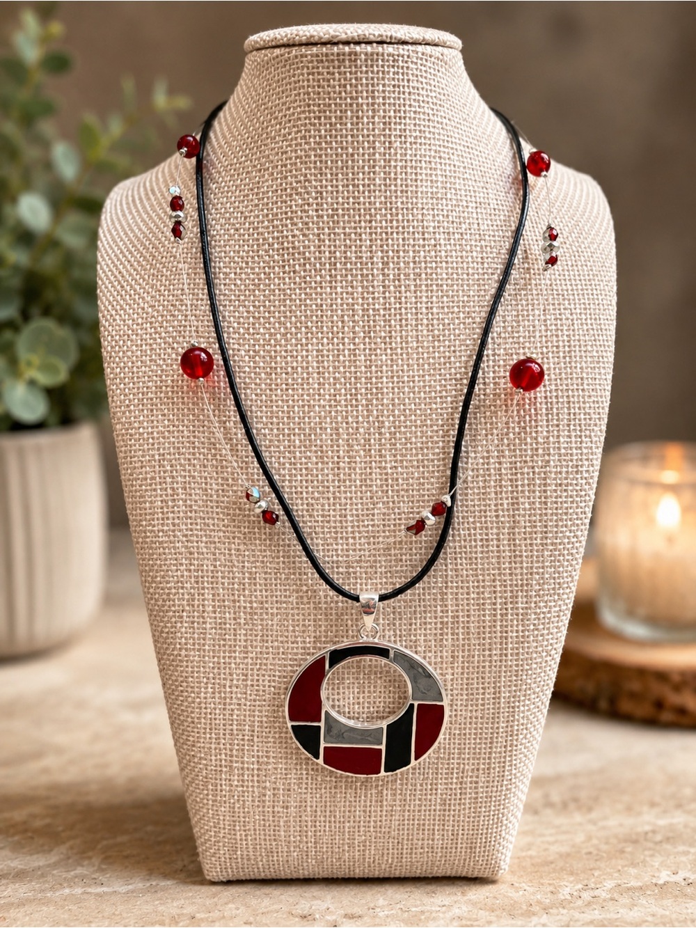 Geometric Pendant Necklace Red Black Multi Strand Beaded Statement Adjustable - Picture 2 of 6